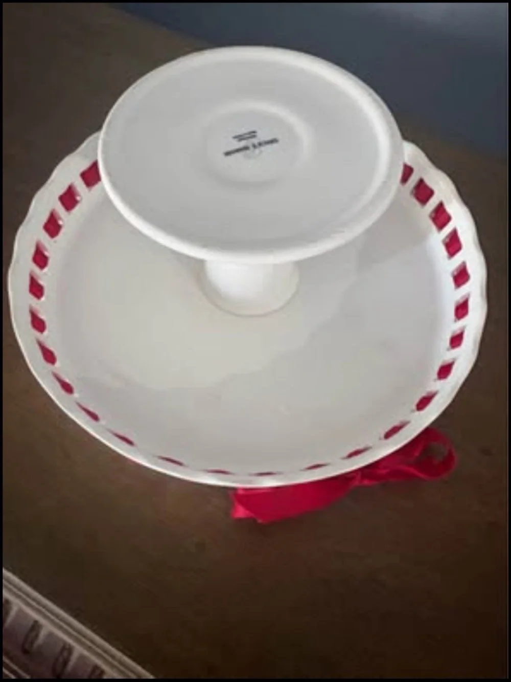 Porcelain pedestal cake (cupcakes) plate stand with red ribbon weave